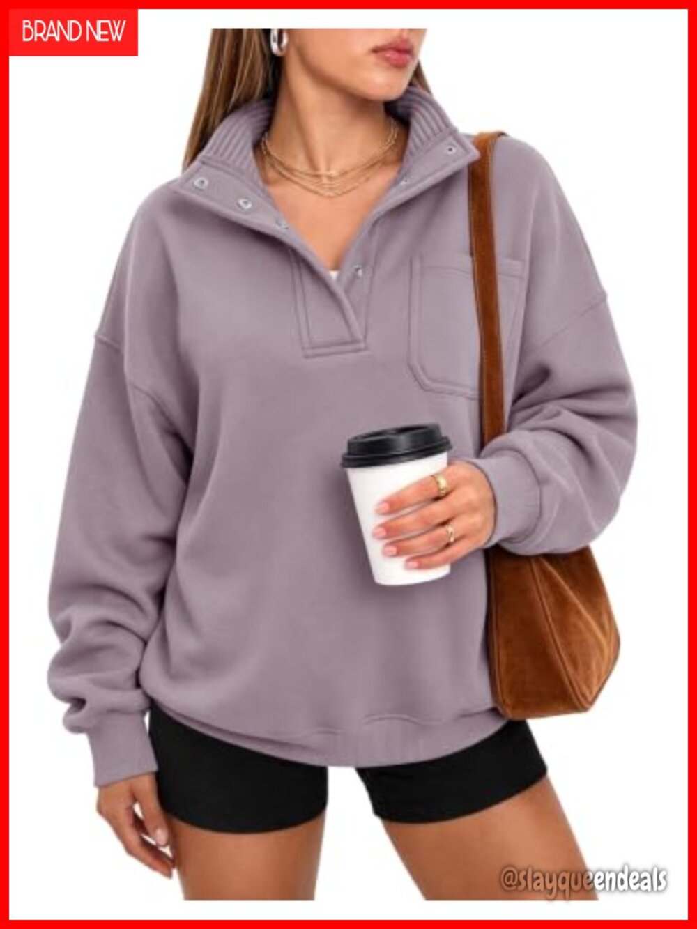 Oversized Henley Neck Pullover Sweatshirt Snap Button Chest Pocket Cozy Fleece